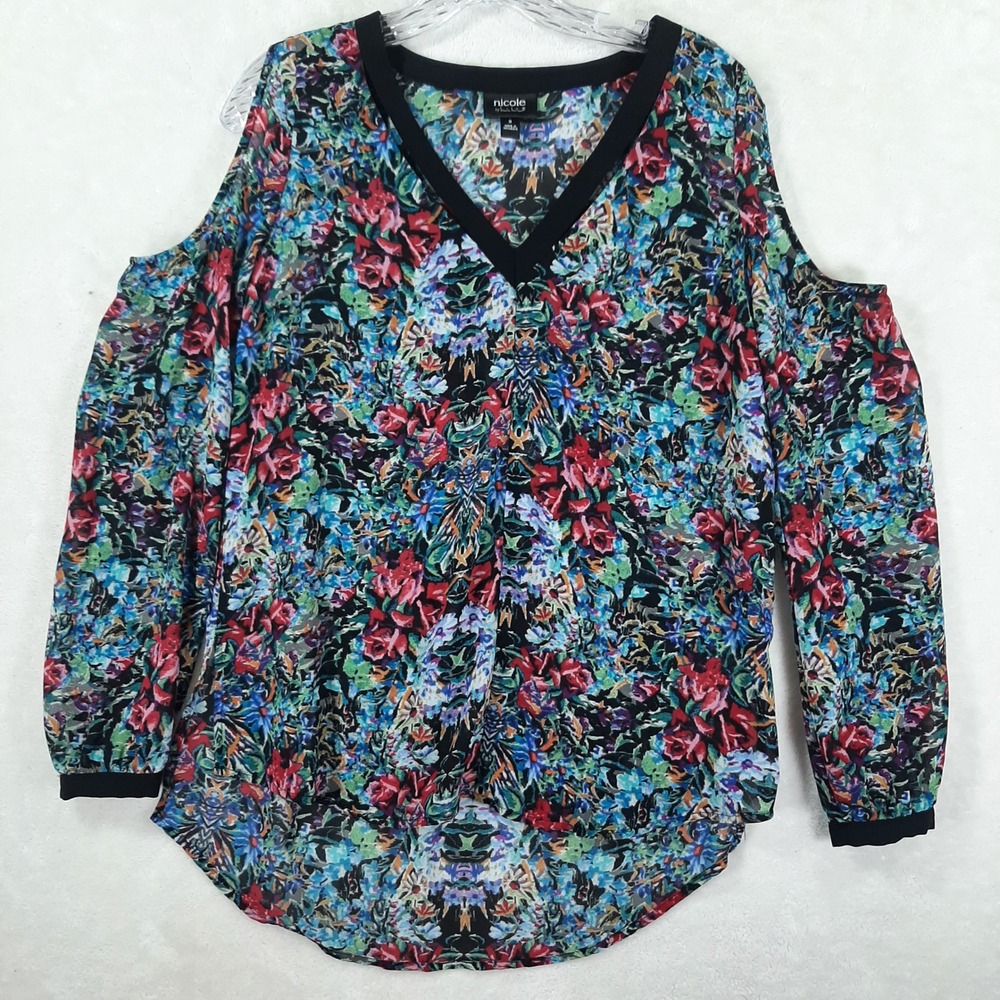 Nicole by Nicole Miller Floral Cold Shoulder‎ Blouse V-Neck High-Low Top Small